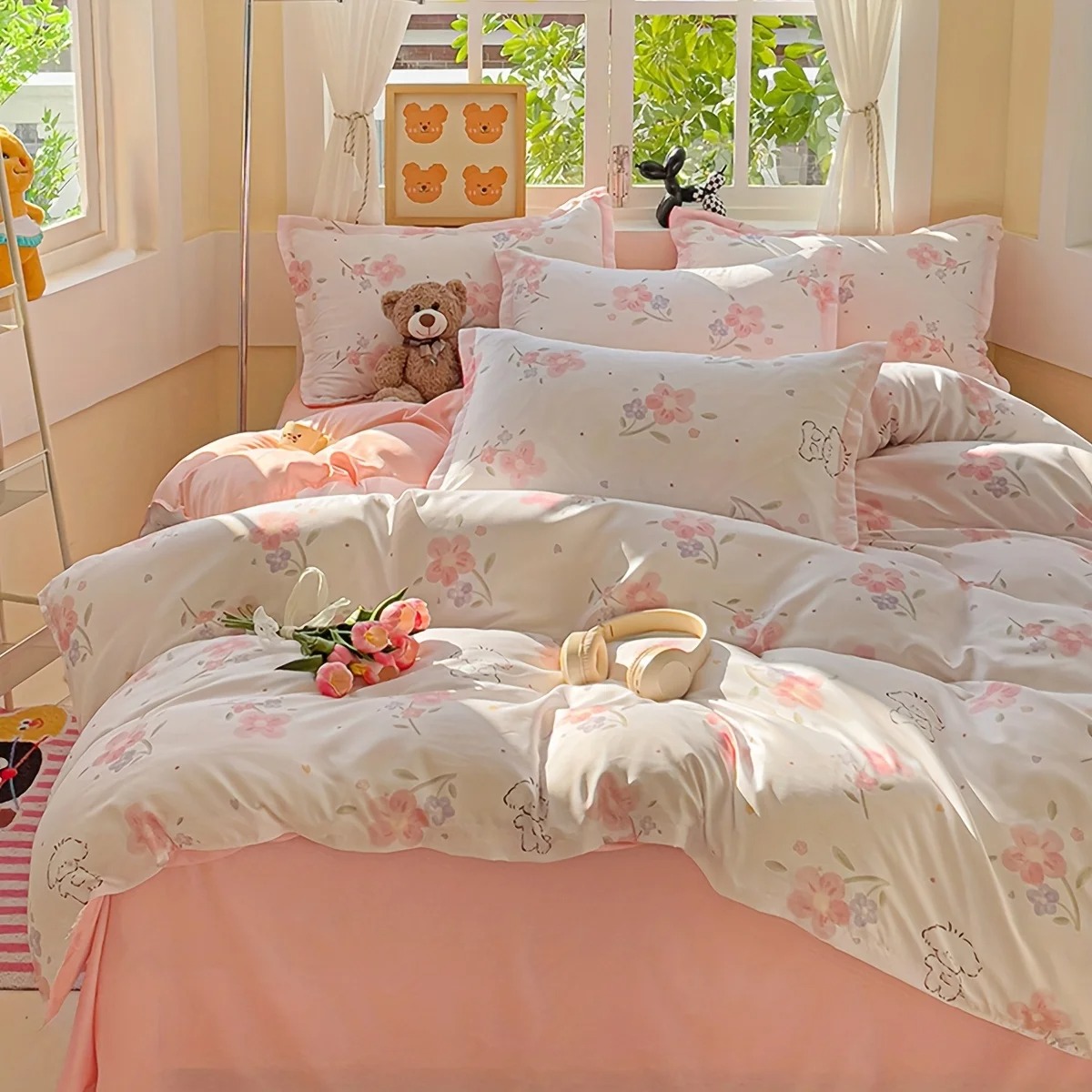 Duvet Cover Sets With Zipper - 4-teiliges weiches, einfarbiges, mit Blumenmuster bedrucktes