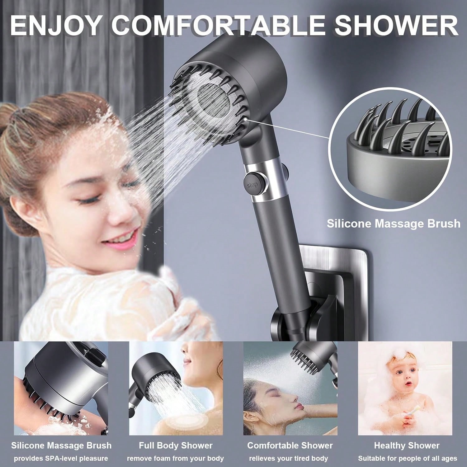 High Pressure Shower Head Handheld - Hochdruck-Handbrause mit 5 Filtern, 3 Einstellungsoptionen,