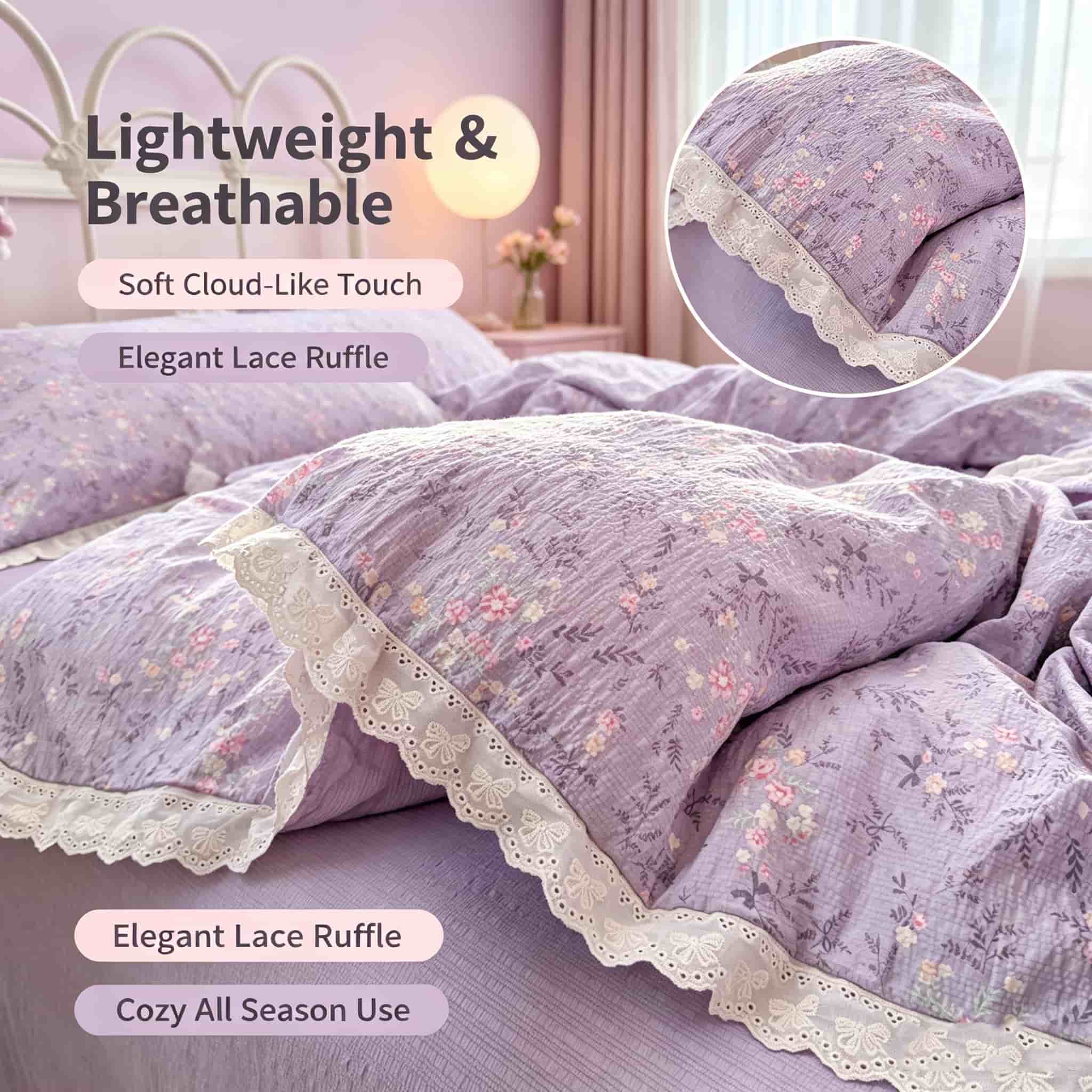 Aesthetic Floral Duvet Cover - Ästhetisches Cottagecore-Bettwäsche-Set, lila Blumenmuster-Spitzenspitzdeckenbezug, Bettwäsche-Sets und