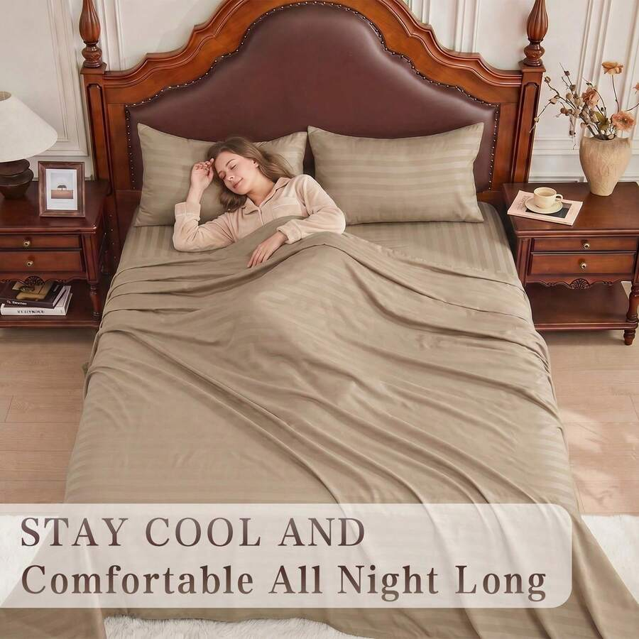 Fitted Bed Sheets Deep Pocket - Gestreiftes Kühlbettwäsche-Set in King-Size - Spannbettlaken