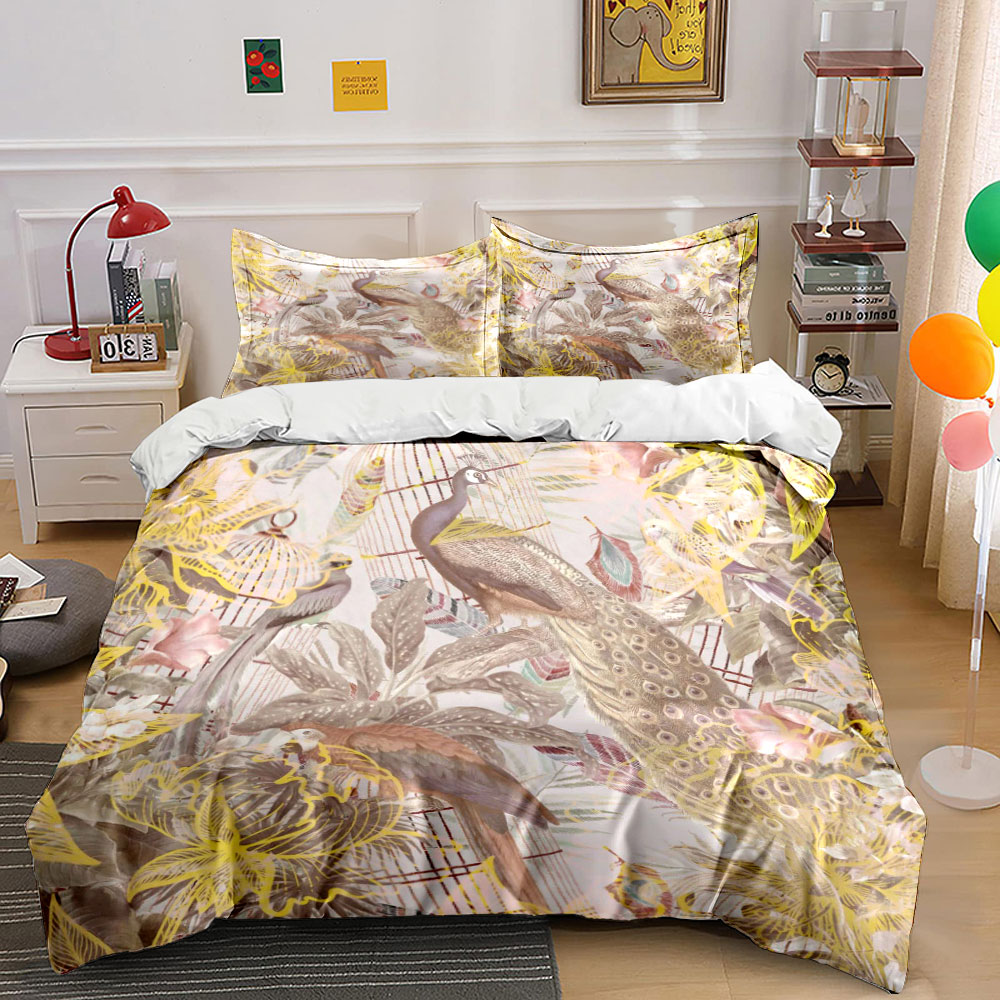 Aesthetic Floral Duvet Cover - Vintage Bettwäsche-Set mit Pfauen- und Vogelkäfig-Motiv,