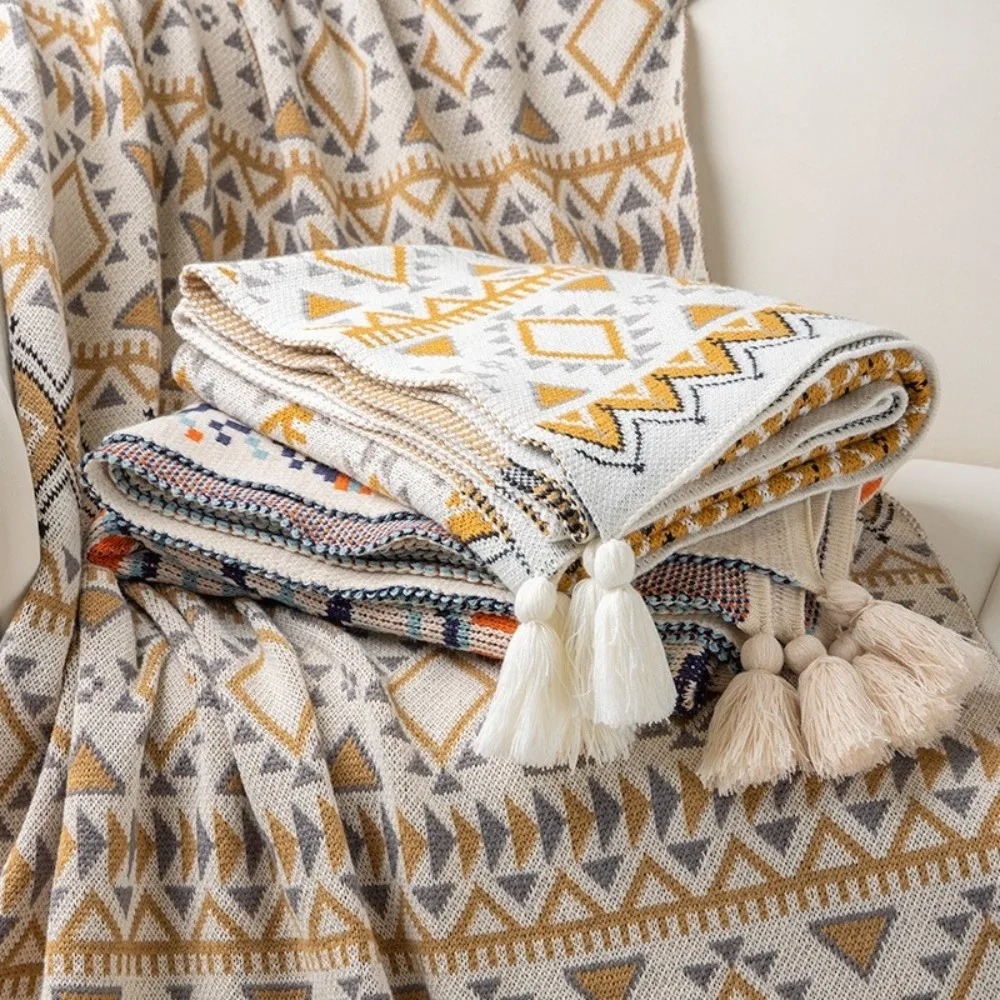 Boho Throw Blanket Fringe - Vintage Grob Gestrickte Boho-Decken Weiche Kuschelige