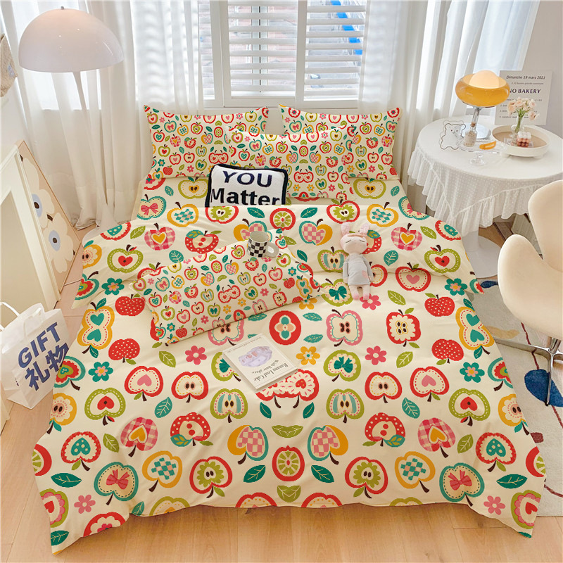 Aesthetic Floral Duvet Cover - Cottagecore Vintage Buntes Apfel-Blumen-Bettwäsche-Set, niedlicher Frucht-Blumen-Druck,