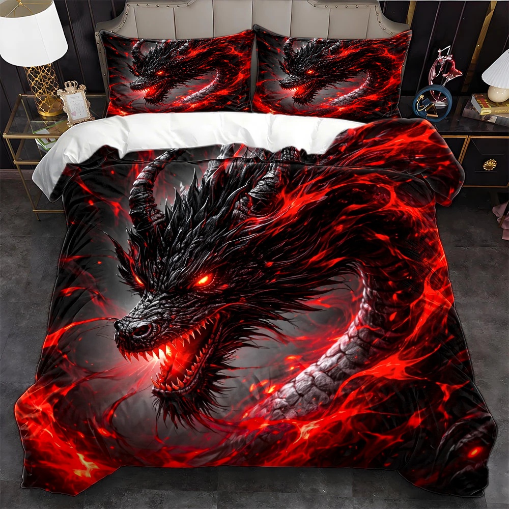 Duvet Cover Sets With Zipper - 3-teiliges Dark Dragon Bettbezug-Set, Ganzjahres-Bettwäsche, maschinenwaschbar,