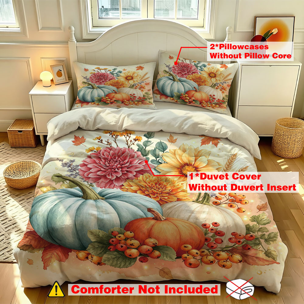 Aesthetic Floral Duvet Cover - Aquarell Hellblaue Kürbis-Sonnenblumen-Blumenmuster 3-teiliges Bettbezug-Set Herbst-Ernte