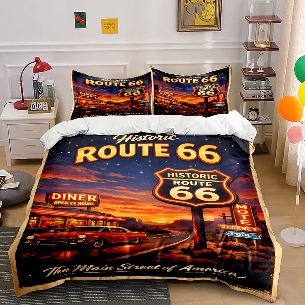 Duvet Cover Sets With Zipper - Nostalgische Nacht auf Route 66, Muster-Bettbezug-Set,