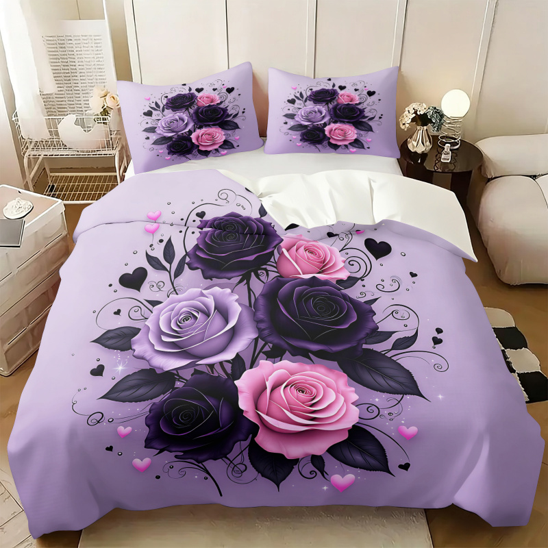 Aesthetic Floral Duvet Cover - Lila Schwarz Rosa Rosen-Herz Bettbezug-Set Gotischer