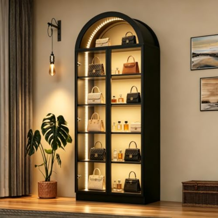 Lighting - Bogenförmige Vitrine für Wohnzimmer/Büro, Acrylglas-Tür, weiß,