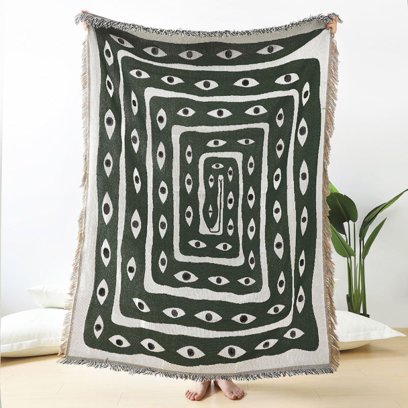Boho Throw Blanket Fringe - Grün-weiße Jacquard-Decke mit bösem Blick, abstraktes